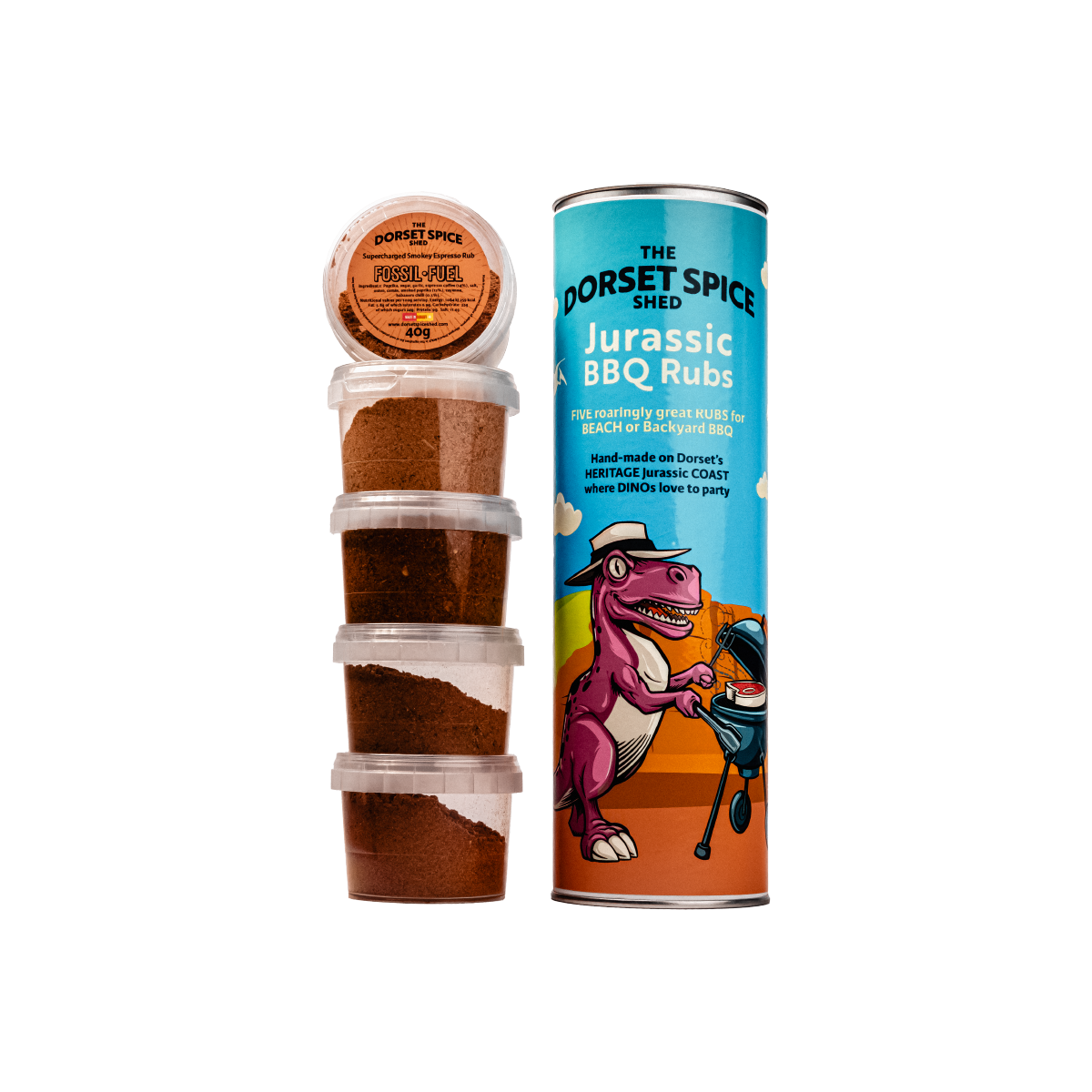 New! Jurassic BBQ Tube 'o' Rubs - 5 Grrreat BBQ Rubs - Free Greetings Card - Dorset Spice Shed