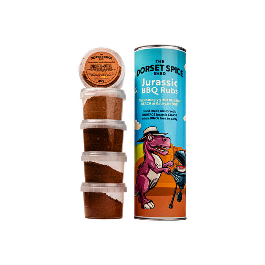 New! Jurassic BBQ Tube 'o' Rubs - 5 Grrreat BBQ Rubs - Free Greetings Card - Dorset Spice Shed