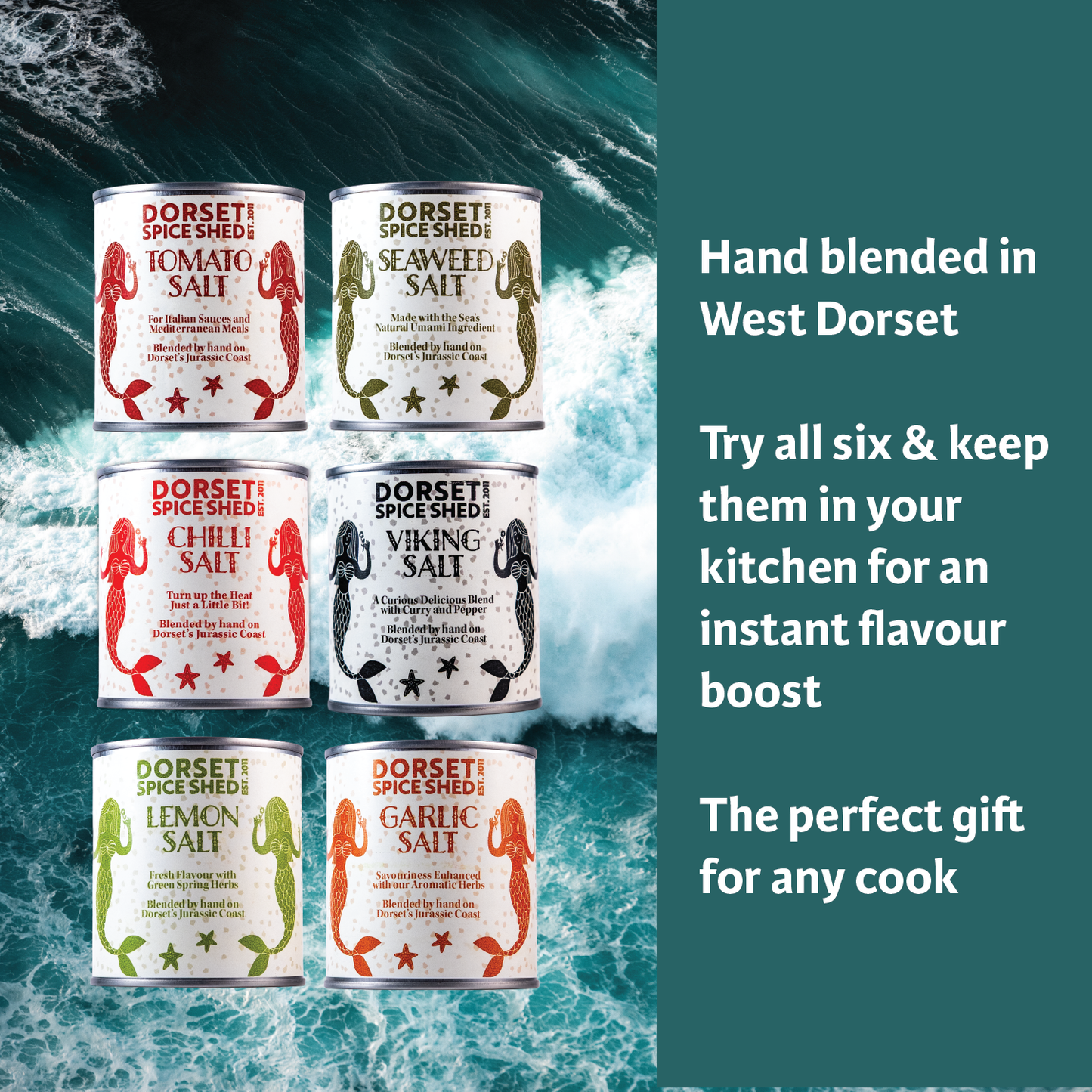 Dorset Spice Shed Cook's Salts set of six flavoured salts to try. A perfect gift for every cook.