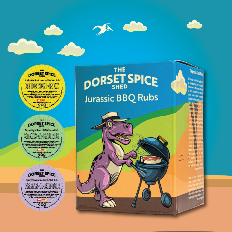 NEW! Jurassic BBQ Rubs Gift Set - 3 Roaringly Great Rubs - FREE Greetings Card - Dorset Spice Shed