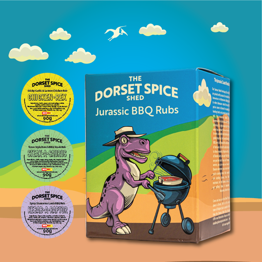 NEW! Jurassic BBQ Rubs Gift Set - 3 Roaringly Great Rubs - FREE Greetings Card - Dorset Spice Shed