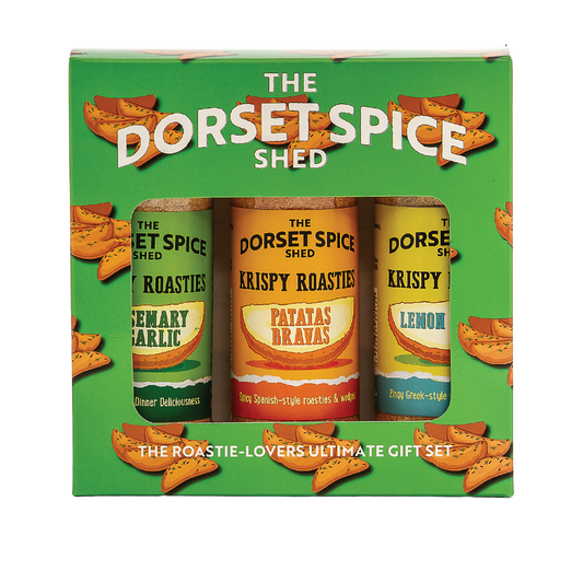 Packaging of The Dorset Spice Shed Roastie Lovers Ultimate Gift Set on a white background.