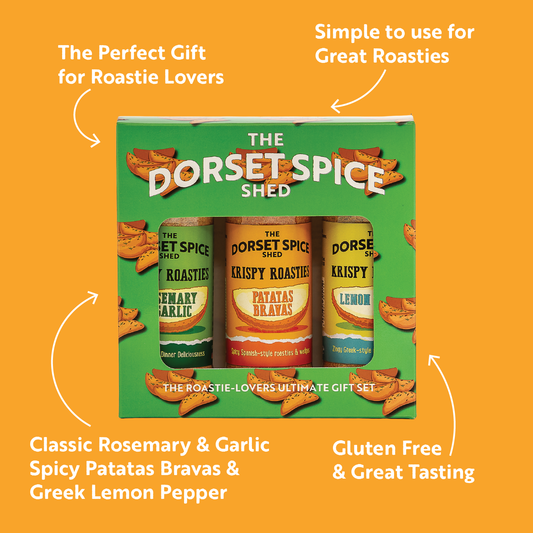 Dorset Spice Shed Krispy Roastie Seasoning gift set packaging on an orange background.