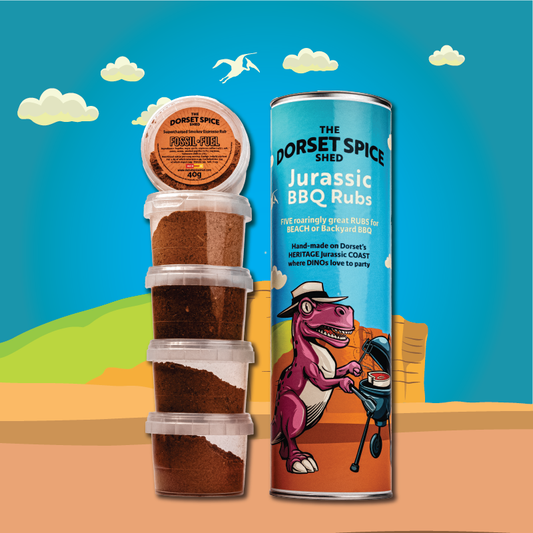 New! Jurassic BBQ Tube 'o' Rubs - 5 Grrreat BBQ Rubs - Free Greetings Card - Dorset Spice Shed