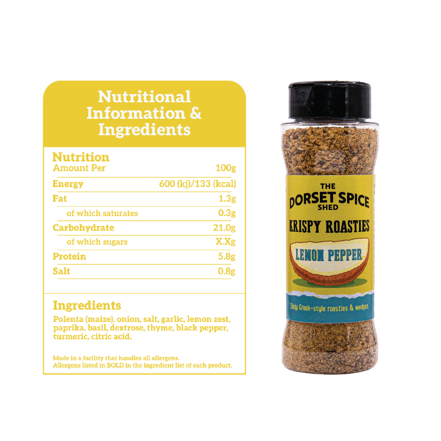 Dorset Spice Shed Greek Lemon Pepper Krispy Roastie Seasoning Ingredients and Nutritional Information.