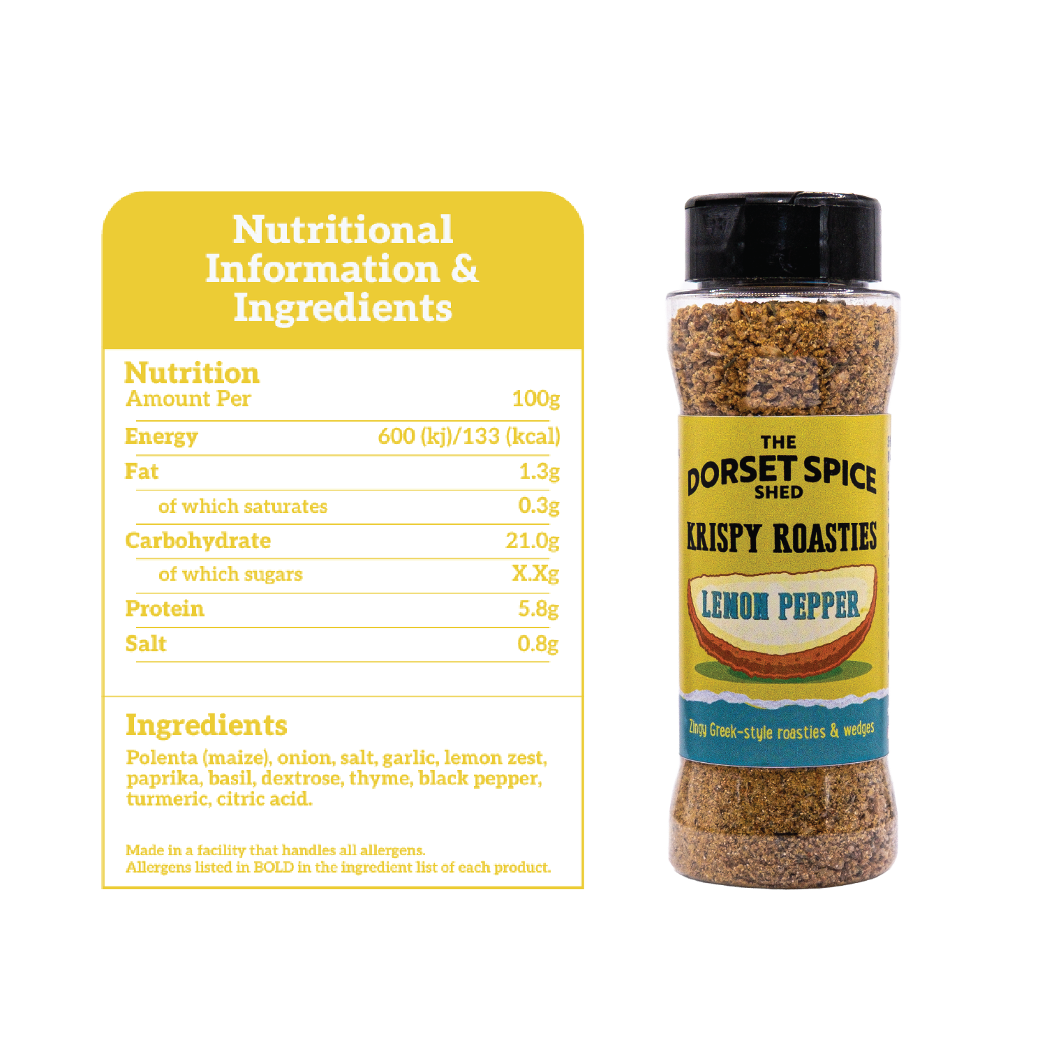 Dorset Spice Shed Greek Lemon Pepper Krispy Roastie Seasoning Ingredients and Nutritional Information.