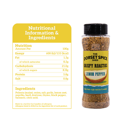 Dorset Spice Shed Greek Lemon Pepper Krispy Roastie Seasoning Ingredients and Nutritional Information.