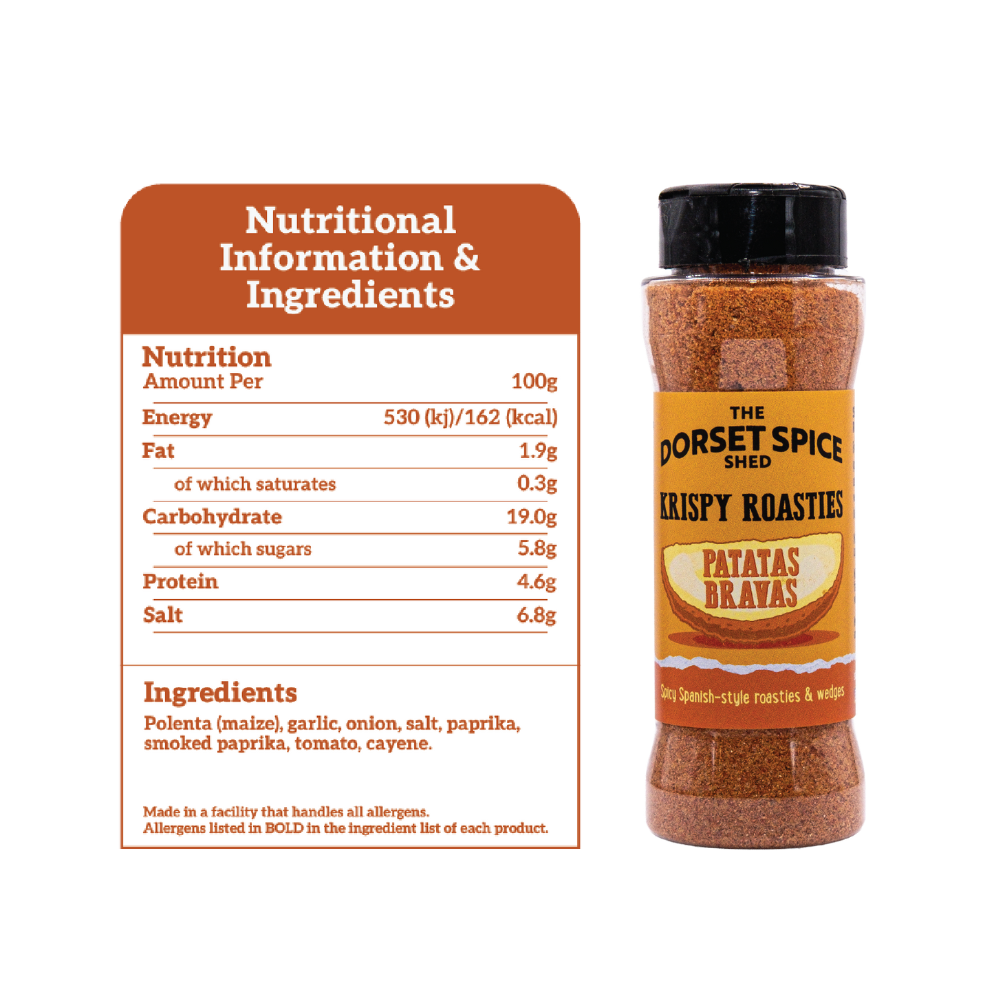 Dorset Spice Shed Spicy Spanish Patatas Bravas Krispy Roastie Seasoning Ingredients and Nutritional Information.