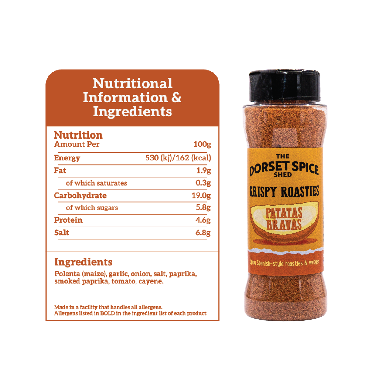 Dorset Spice Shed Spicy Spanish Patatas Bravas Krispy Roastie Seasoning Ingredients and Nutritional Information.