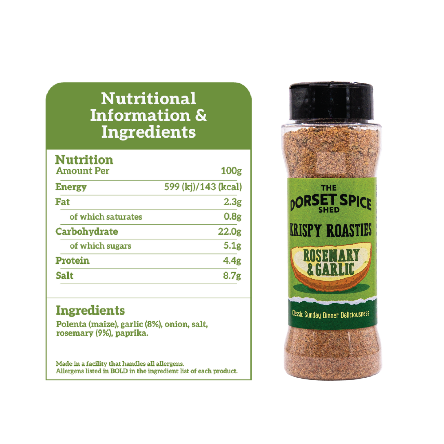 Dorset Spice Shed Rosemary & Garlic Krispy Roastie Seasoning Ingredients and Nutritional Information. 