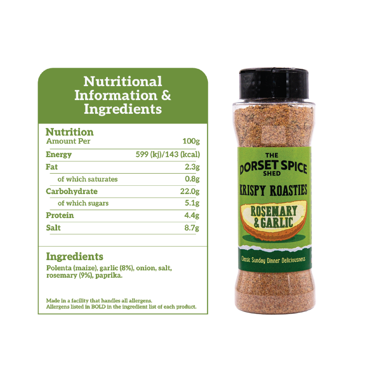 Dorset Spice Shed Rosemary & Garlic Krispy Roastie Seasoning Ingredients and Nutritional Information. 