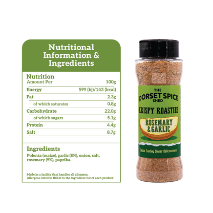 Dorset Spice Shed Rosemary & Garlic Krispy Roastie Seasoning Ingredients and Nutritional Information. 