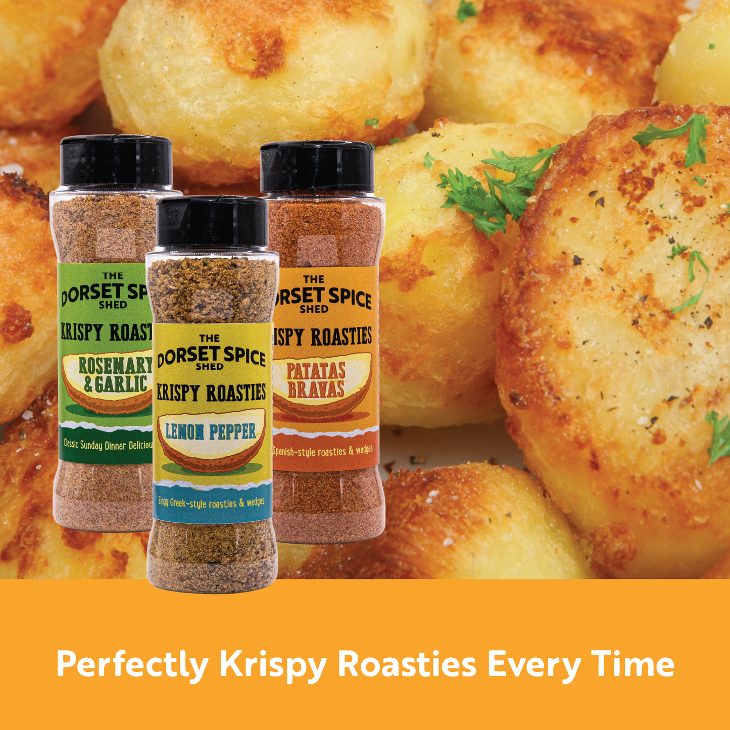 Three jars of Dorset Spice Shed Krispy Roastie Seasoning labels and roasted potatoes on a yellow background.