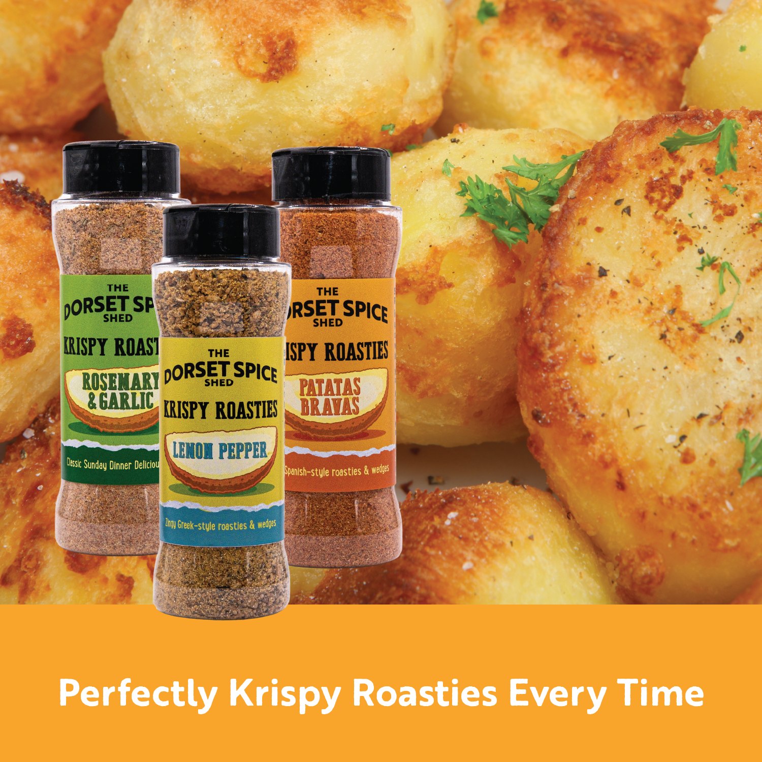 Three jars of Dorset Spice Shed Krispy Roastie Seasoning labels and roasted potatoes on a yellow background.
